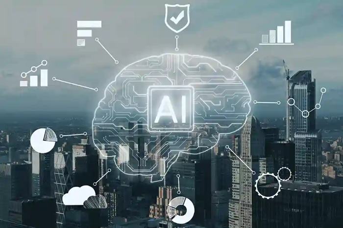 Painel urbano com fluxos digitais atravessando edifícios enquanto a INTELIGÊNCIA ARTIFICIAL NAS LICITAÇÕES organiza dados, riscos e decisões em tempo real.
